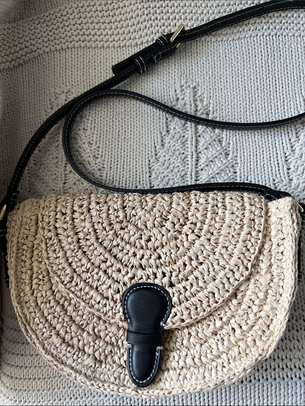 Zara Half Moon Woven Straw Crossbody Bag with Black Leather Trim